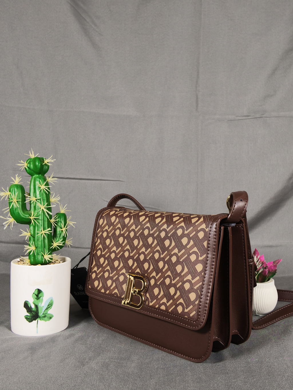 Rain Cun Elegant Monogram Flap Crossbody Bag - Coffee Brown