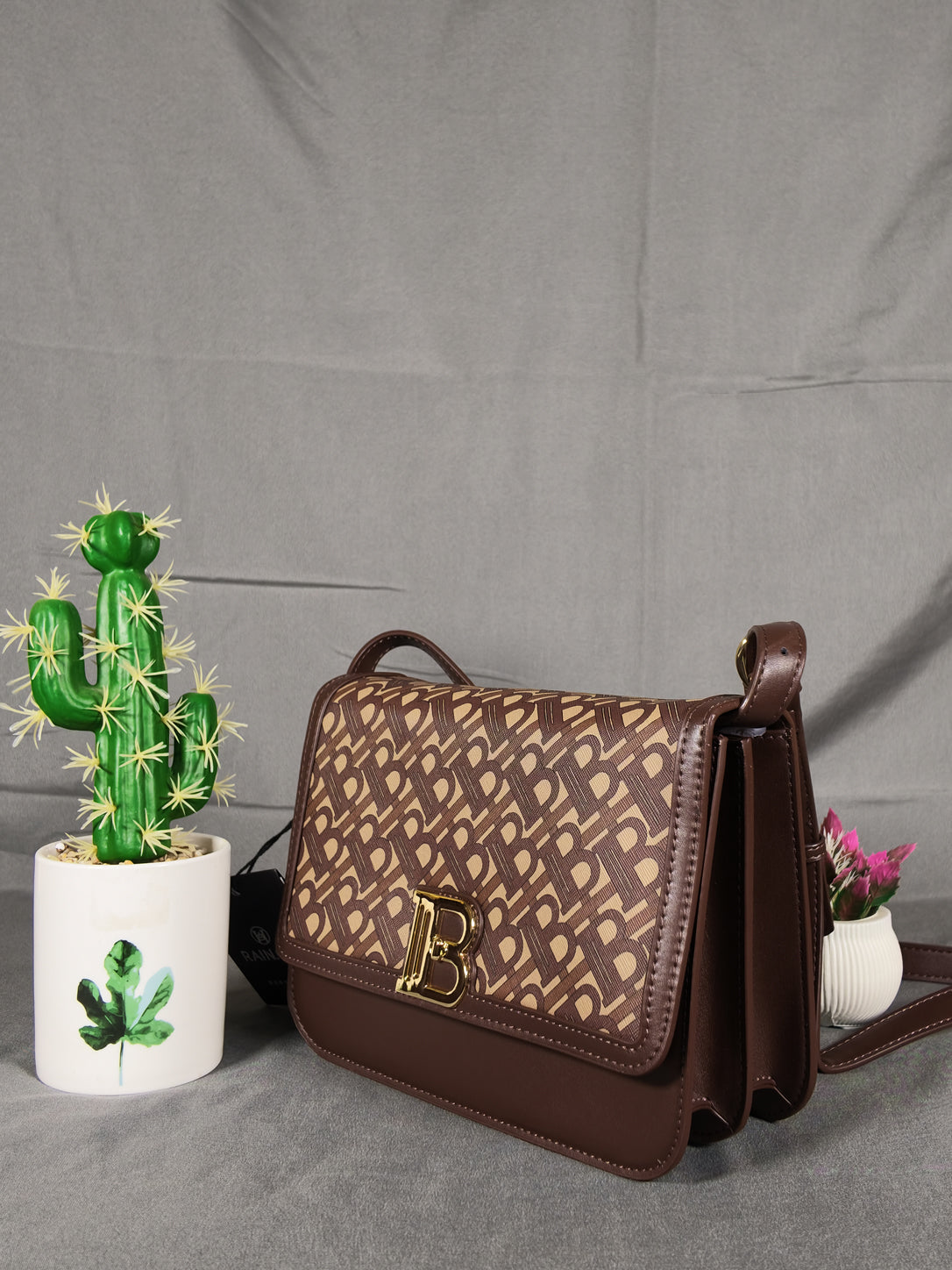 Rain Cun Elegant Monogram Flap Crossbody Bag - Coffee Brown