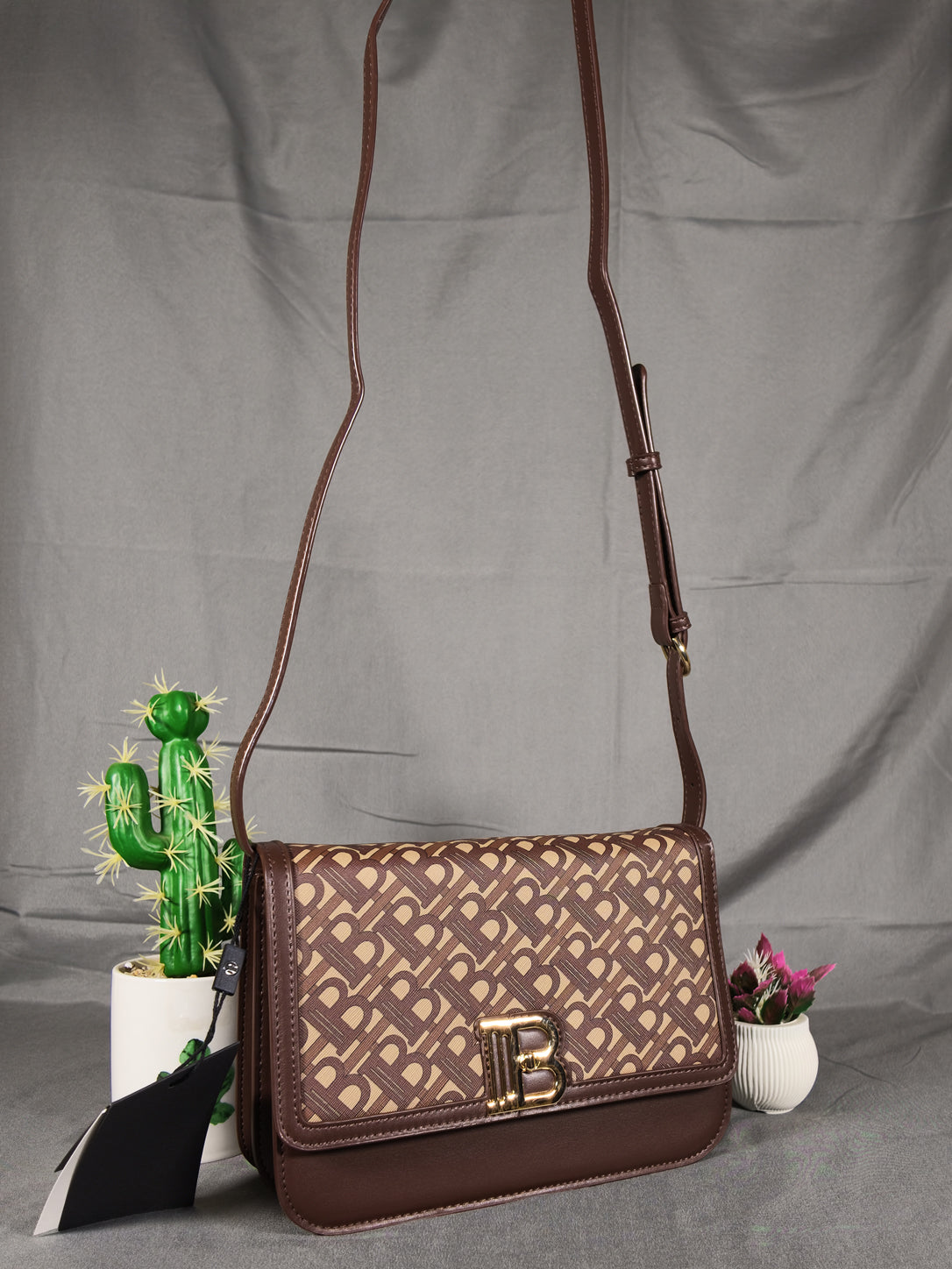 Rain Cun Elegant Monogram Flap Crossbody Bag - Coffee Brown