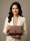 Rain Cun Elegant Monogram Flap Crossbody Bag - Coffee Brown