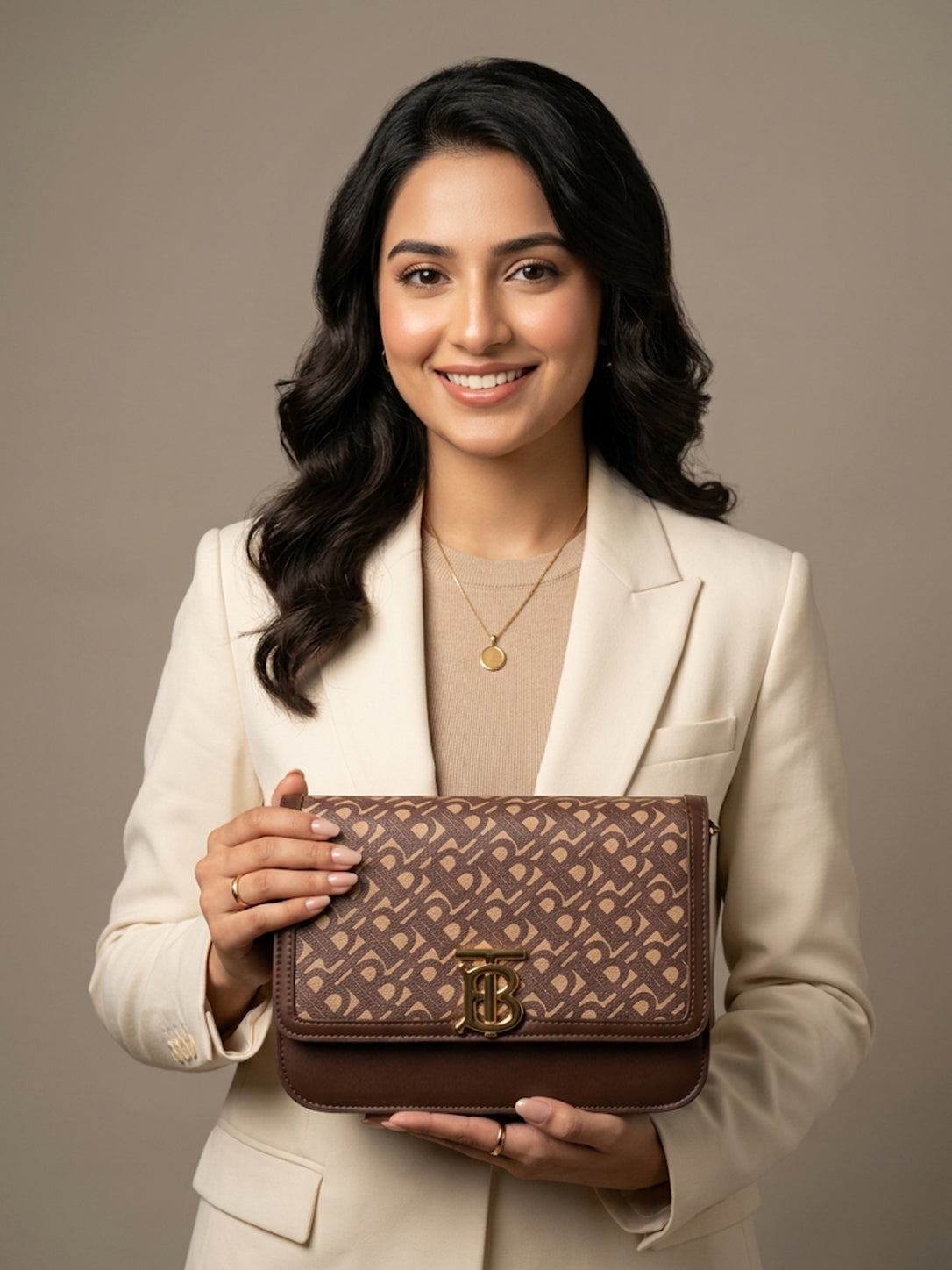 Rain Cun Elegant Monogram Flap Crossbody Bag - Coffee Brown