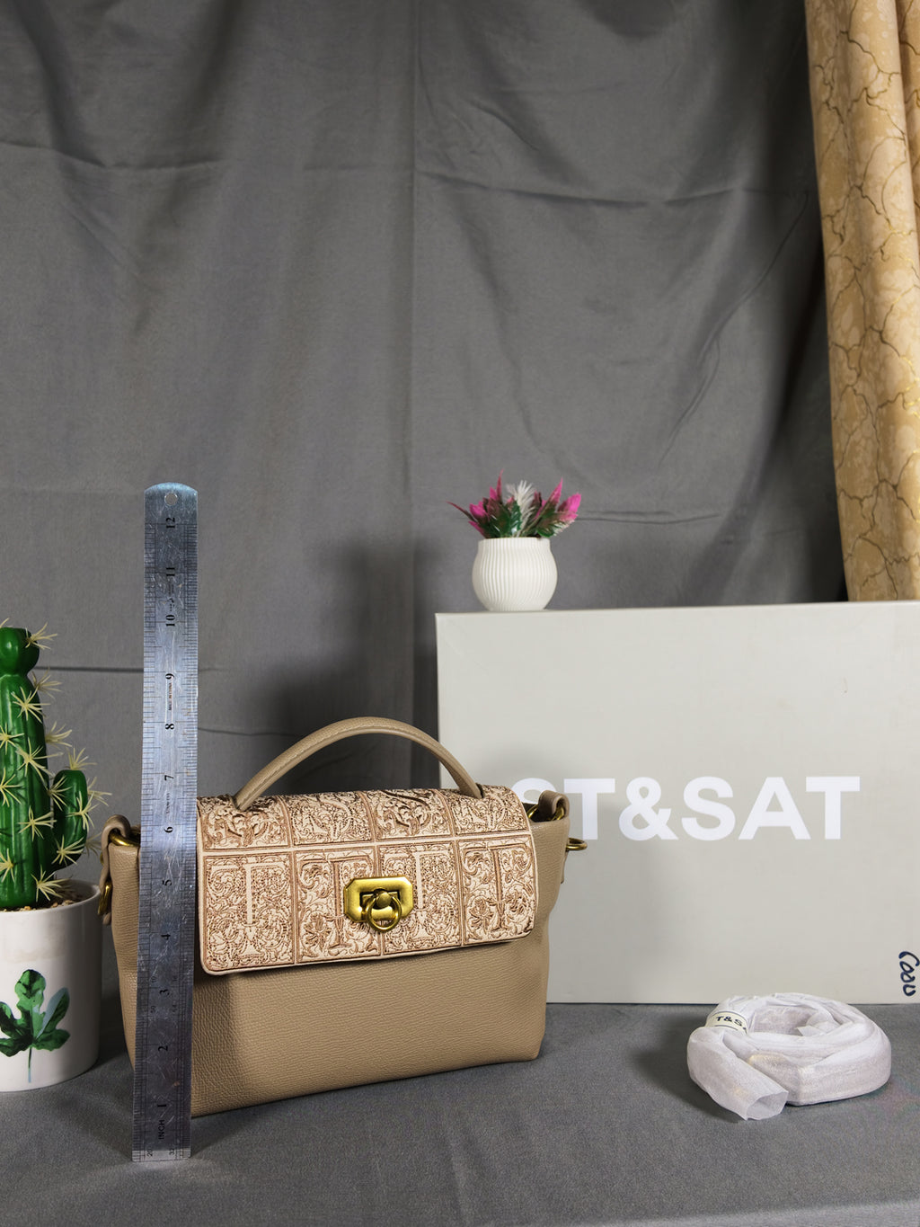 ST&SAT Elegant Embossed Flap Handbag - Warm Apricot