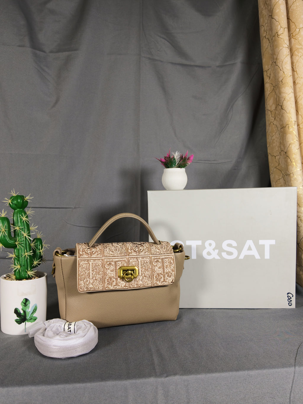 ST&SAT Elegant Embossed Flap Handbag - Warm Apricot
