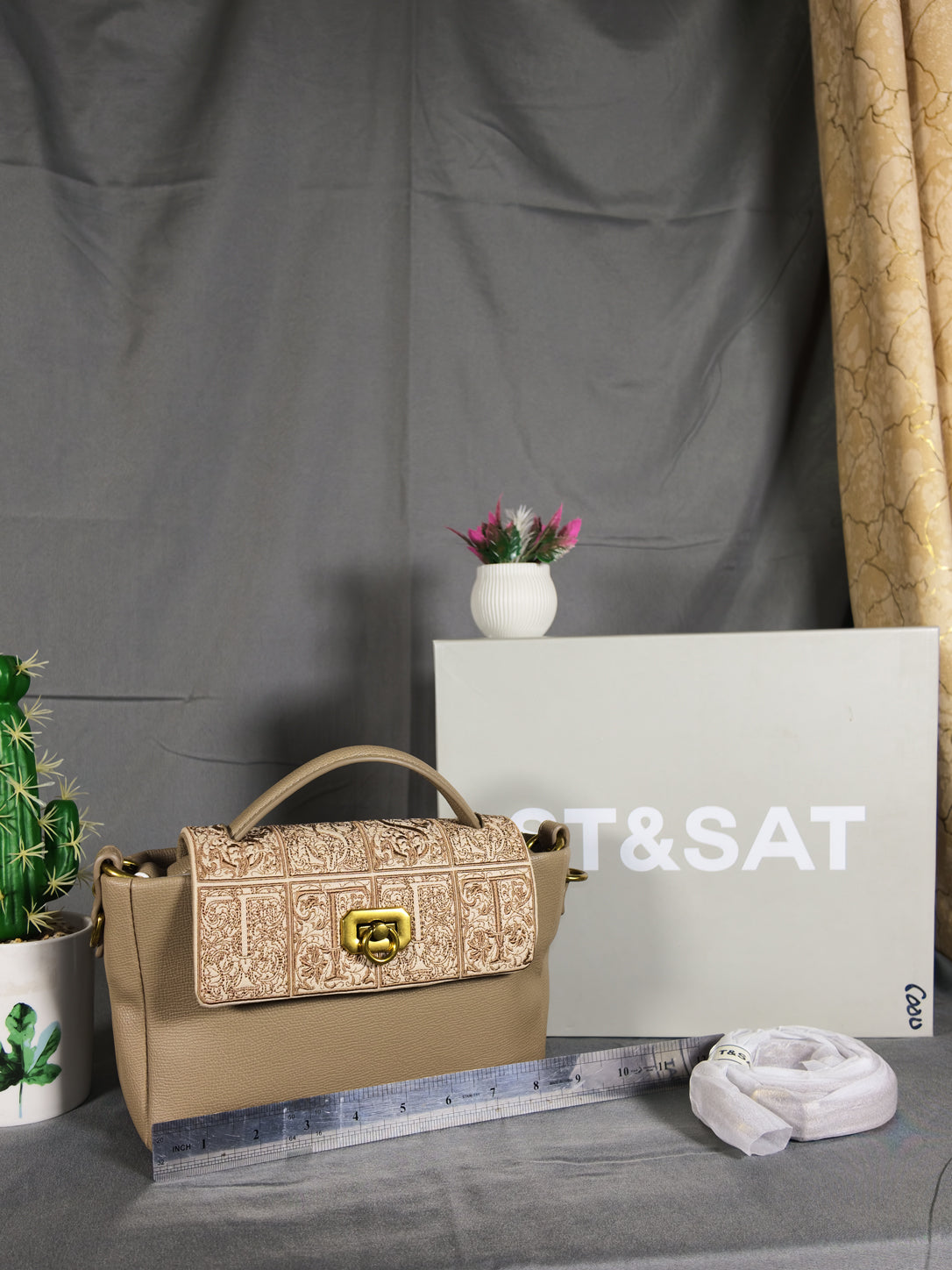 ST&SAT Elegant Embossed Flap Handbag - Warm Apricot
