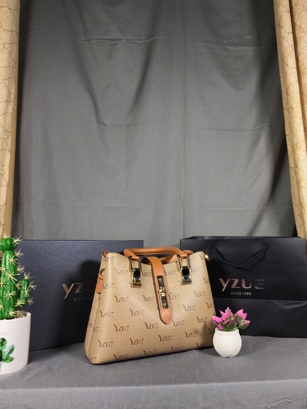 YZUE Elegant Everyday Satchel with Adjustable Strap - Sand/Caramel