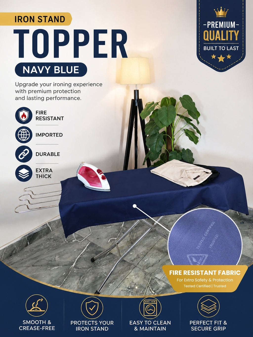 An iron stand with a navy blue fabric toppper, shown in a styled room setting with a lamp, plant, and folded clothing. The image includes feature callouts and a circular inset showing the navy blue fabric texture.