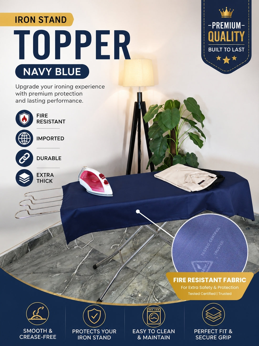 An iron stand with a navy blue fabric toppper, shown in a styled room setting with a lamp, plant, and folded clothing. The image includes feature callouts and a circular inset showing the navy blue fabric texture.