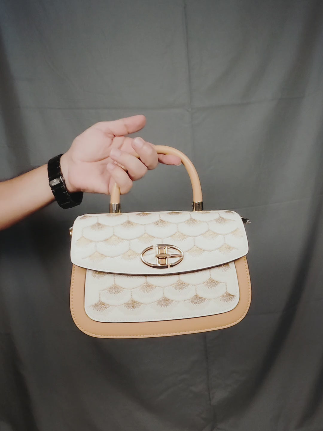Durandal Luxury Scalloped Top-Handle Handbag - Cream & Tan